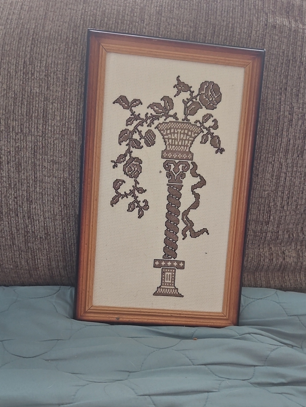 Framed Brown Cross-Stitch Floral Column Wall Art
